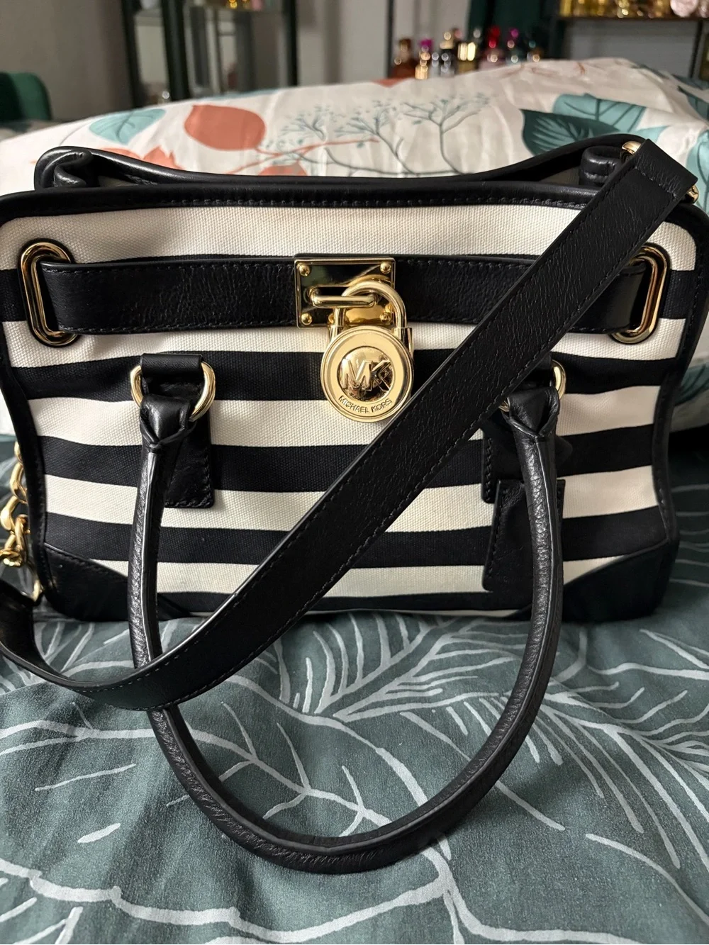 Michael Kors Black and White Striped Satchel with Gold Hardware